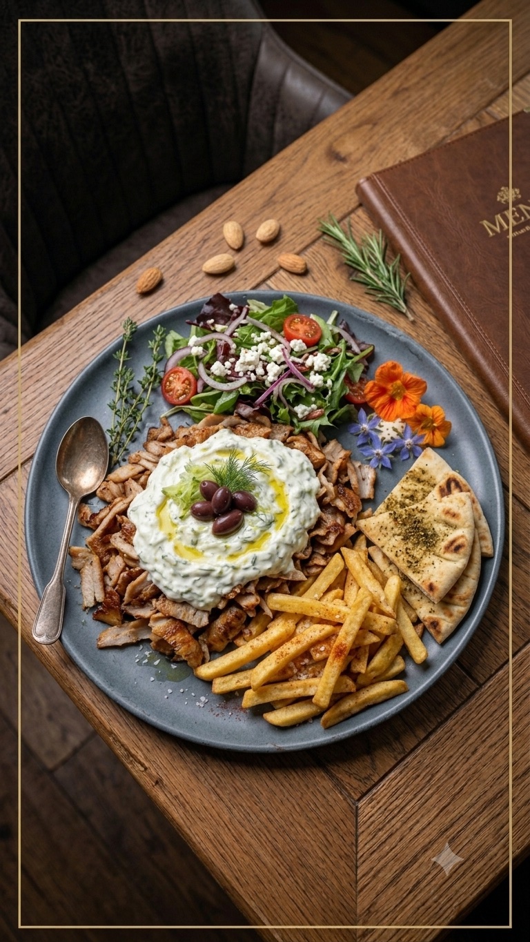 Gyros-Teller vom Grill — mit Tzatziki, Pommes, Pita und Salat