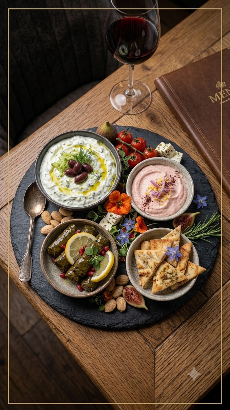 Griechische Mezze — Tzatziki, Tarama, Dolmadakia und Pita